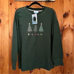 Green Holiday Sweatshirt with Christmas Tree Design fa la la la la